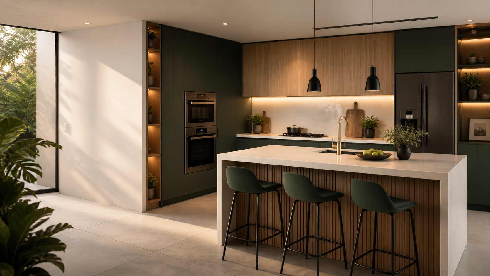Concepto visual de una cocina modular contemporánea en tonos verdes y madera
